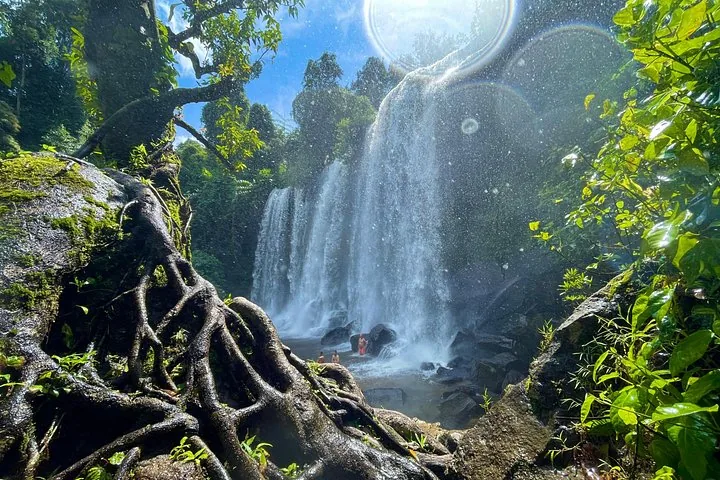 Bellissima cascata nella giungla con grandi radici di alberi in primo piano